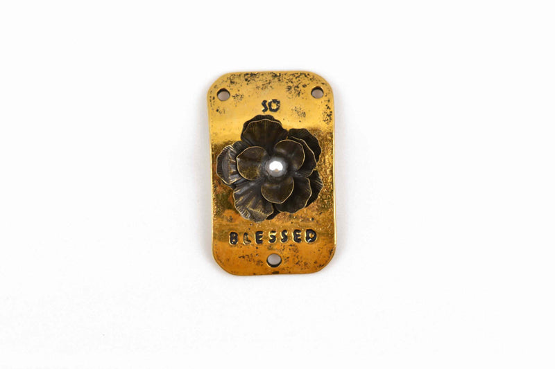 2 SO BLESSED Charms, Curved Bracelet Connector Links, gold base with bronze metal flower and faux pearl, 3-hole connector, 39x24mm - chs2887