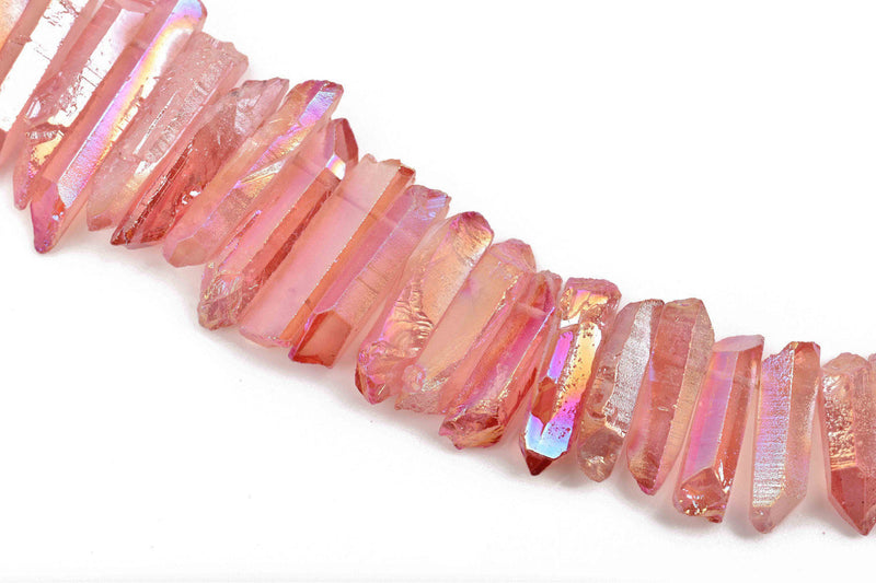ROSE PINK AB Crystal Quartz Stick Beads, Tusk Point Beads, top drilled beads, gemstones, 1" to 2" long 8-10mm wide, full strand, gqz0103