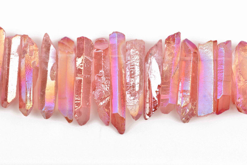ROSE PINK AB Crystal Quartz Stick Beads, Tusk Point Beads, top drilled beads, gemstones, 1" to 2" long 8-10mm wide, full strand, gqz0103
