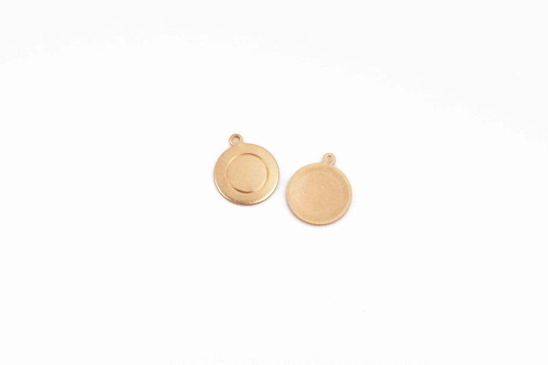 10 Brass Border Circle Disc Charm, gold brass metal stamping blanks with top loop, 13mm (1/2") 18 gauge, msb0432