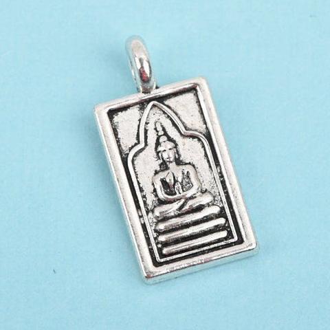 4 THAI BUDDHA charm pendants, silver metal, rectangle religious icon relic charm, double sided, 26x13mm, chs2905