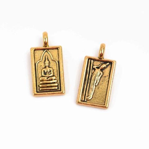 4 THAI BUDDHA charm pendants, antiqued gold metal, rectangle religious icon relic charm, double sided, 26x13mm, chs2907