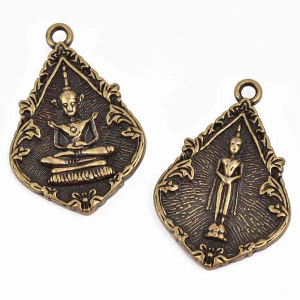 5 THAI BUDDHA charm pendants, bronze metal, religious icon relic charm, double sided, 31x21mm, chs2906