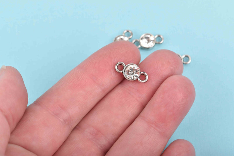 10 Silver Rhinestone Connector Link Charms, crystal drop charms, CLEAR Crystal in Center, 15x7mm, chs2909