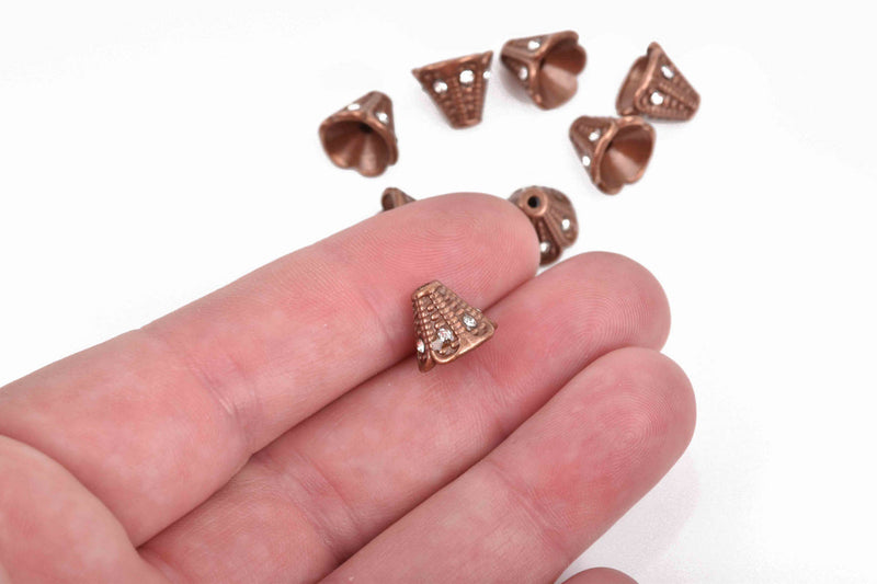 6 Rhinestone CONE BEAD CAPS, copper with embedded clear crystals, fits up to 8mm beads, 11x9mm, fin0670