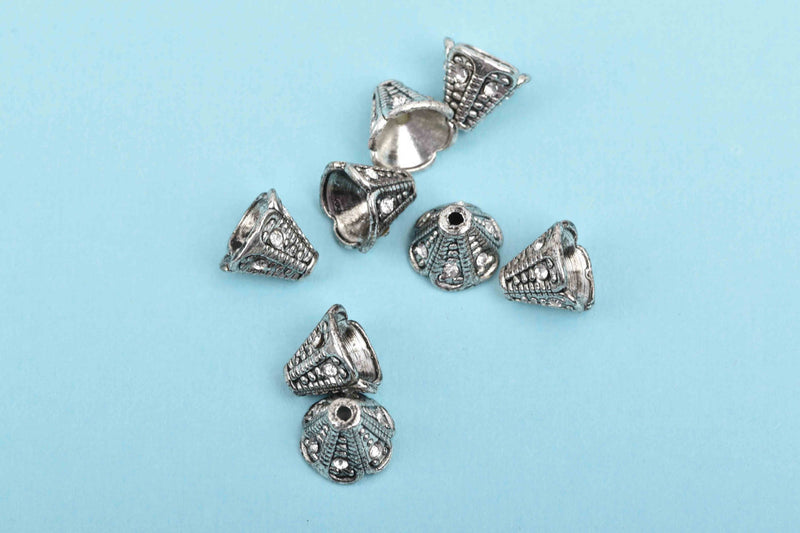 6 Rhinestone CONE BEAD CAPS, antiqued silver with embedded clear crystals, fits up to 8mm beads, 11x9mm, fin0671
