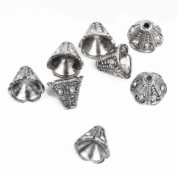 6 Rhinestone CONE BEAD CAPS, antiqued silver with embedded clear crystals, fits up to 8mm beads, 11x9mm, fin0671