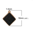 5 Gold-Plated Diamond Rhombus Square Charm Pendants with JET BLACK Faux Leather Cabochon, 16mm, chs2937