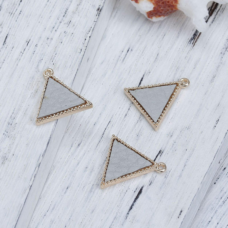5 Gold-Plated Triangle Geometric Charm Pendants with CREAM Off White Faux Leather Cabochon, 16mm dia, chs2938