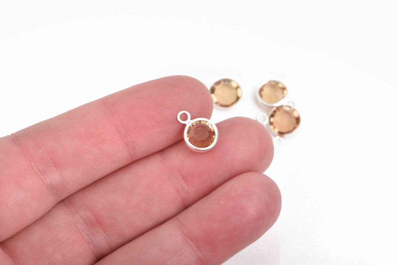 6 TOPAZ YELLOW Brown Rhinestone Circle Charms, 6mm Silver Drop Charms, Crystal Glass in Silver Plated Bezel, November Birthstone, chs2915