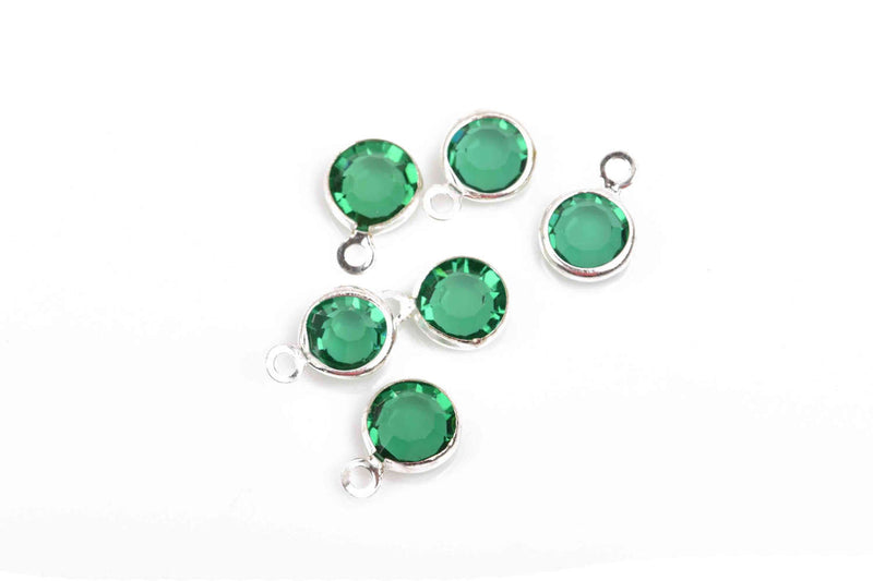 6 EMERALD GREEN Rhinestone Faceted Circle Charms, 8mm Silver Drop charms, Crystal Glass in Silver Plated Bezel, May Birthstone, chs2925