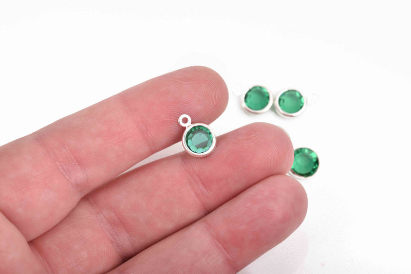 6 EMERALD GREEN Rhinestone Faceted Circle Charms, 8mm Silver Drop charms, Crystal Glass in Silver Plated Bezel, May Birthstone, chs2925