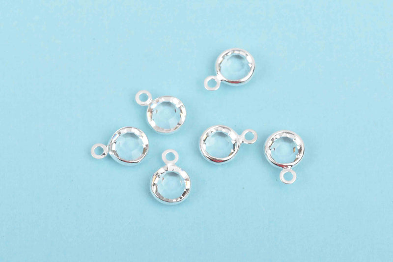 6 CLEAR FACETED Rhinestone Circle Charms, 6mm Silver Drop Charms, Crystal Glass in Silver Plated Bezel, April Birthstone, chs2935