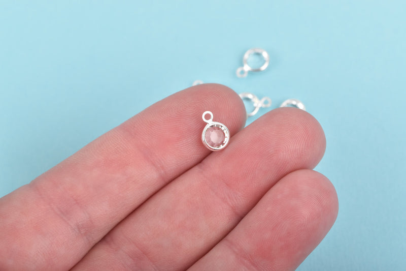 6 CLEAR FACETED Rhinestone Circle Charms, 6mm Silver Drop Charms, Crystal Glass in Silver Plated Bezel, April Birthstone, chs2935