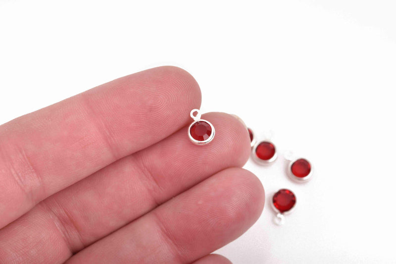 6 GARNET RED Rhinestone Faceted Circle Charms, 6mm Silver Drop Charms, Crystal Glass in Silver Plated Bezel, January Birthstone, chs2934
