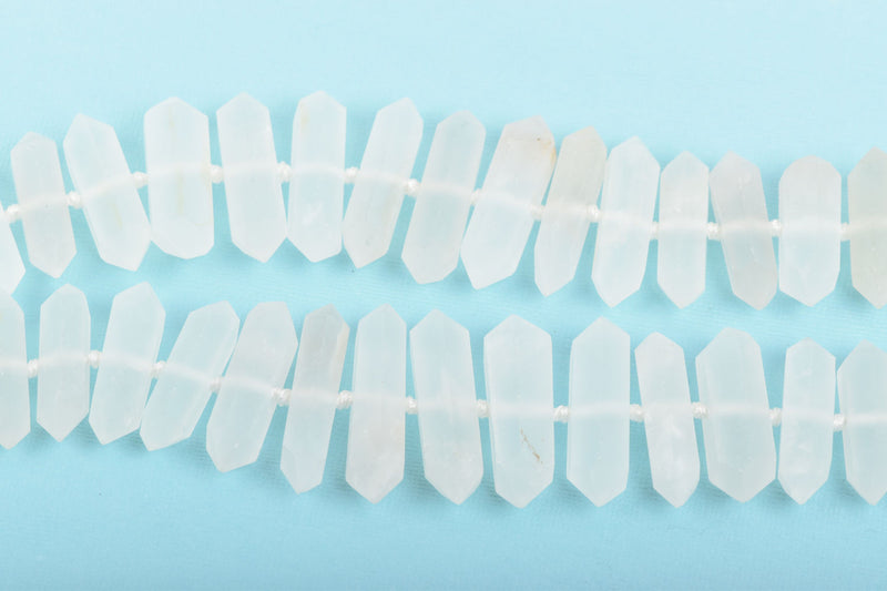 Frosted Matte Crystal Quartz Tusk Point Beads, center drilled stick beads, double point ends, 1" to 1-5/8" long 9-11mm wide, full strand, gqz0105
