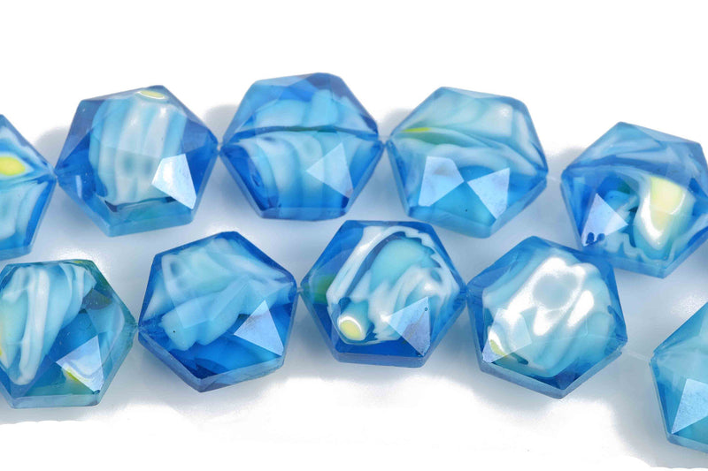 10 Turquoise Blue Hexagon Glass Beads, Faceted Glass Crystal Beads, 15x14mm, bgl1610