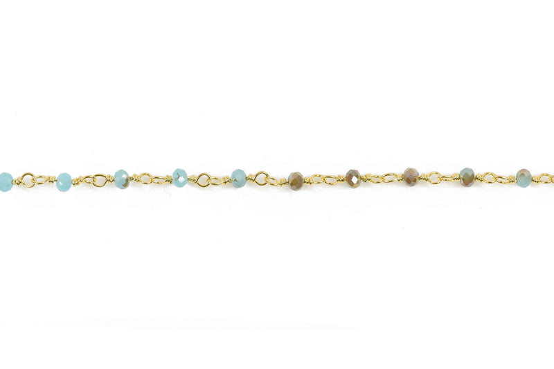 1 yard (3 feet) Pale BLUE/GREEN AB Crystal Chain, Rondelle Rosary Bead Chain, gold double wrapped wire, 3.5mm faceted glass beads fch0583a