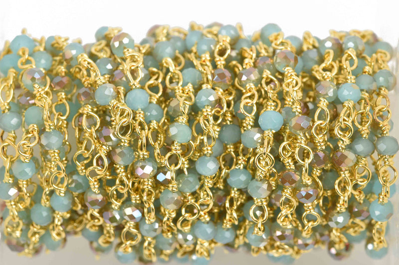 15 feet (5 yards) Pale BLUE/GREEN AB Crystal Chain, Rondelle Rosary Bead Chain, gold double wrapped wire, 3.5mm faceted glass beads fch0583b