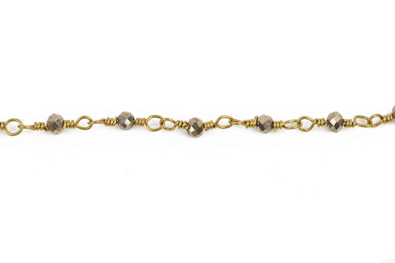 3 feet (1 yard) METALLIC BRONZE Crystal Chain, Rondelle Rosary Bead Chain, gold double wrapped wire, 3.5mm faceted glass beads fch0585a