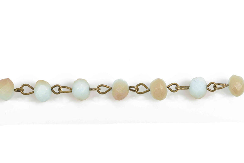13 feet Pale Blue and Tan Crystal Rosary Chain, bronze wire, 8mm matte rondelle faceted crystal beads, fch0589b