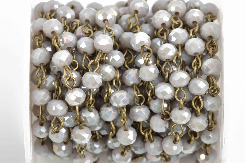 1 yard (3 feet) HEATHER GREY Crystal Rondelle Rosary Chain, bronze, 6mm faceted rondelle glass beads, fch0590a