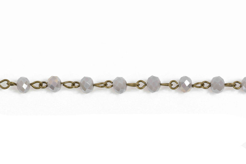 1 yard (3 feet) HEATHER GREY Crystal Rondelle Rosary Chain, bronze, 6mm faceted rondelle glass beads, fch0590a