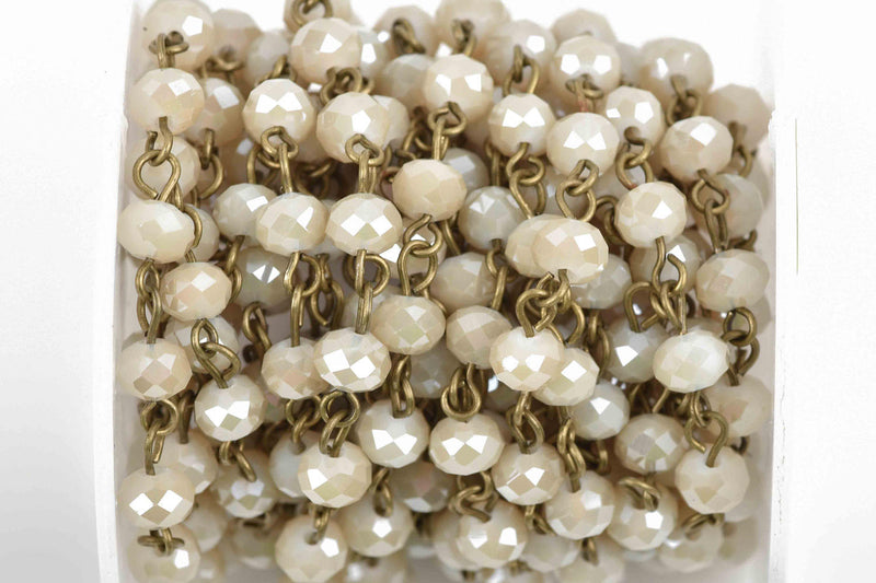 3 feet (1 yard) IVORY Off White Crystal Rondelle Rosary Chain, bronze wire, 6mm faceted rondelle glass beads, fch0591a
