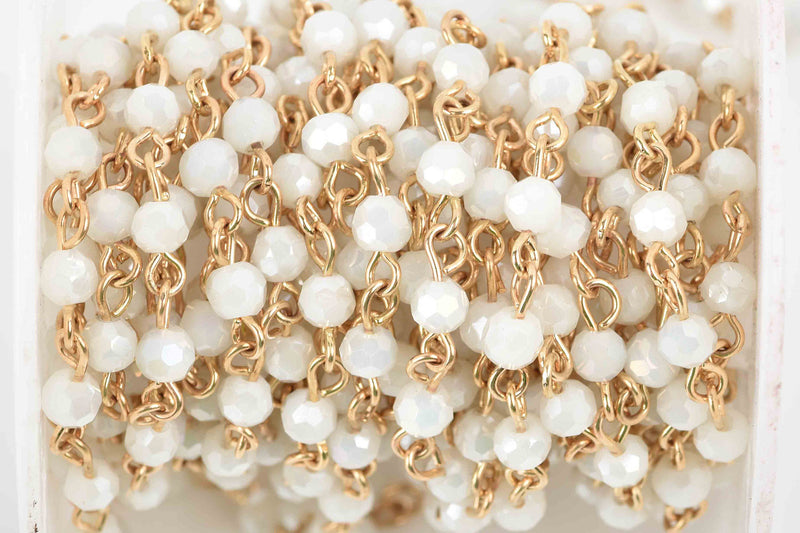 1 yard WHITE AB Crystal Rosary Chain, bright gold links, 4mm round faceted crystal bead chain, fch0595a
