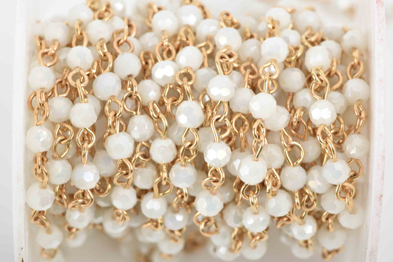 1 yard WHITE AB Crystal Rosary Chain, bright gold links, 4mm round faceted crystal bead chain, fch0595a