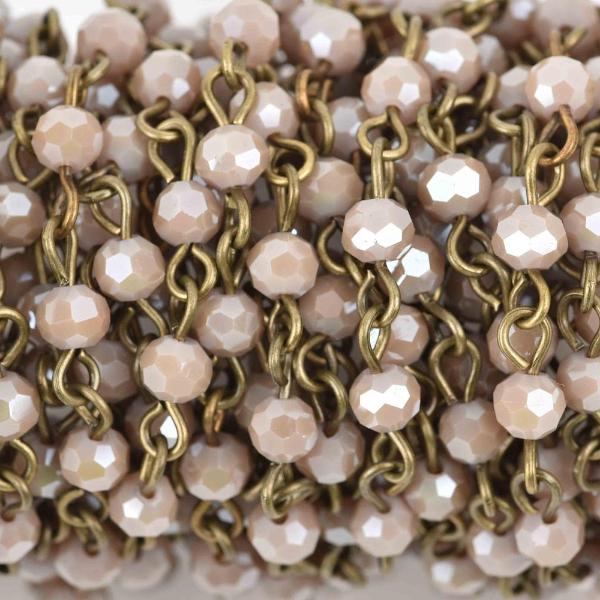 13 feet LIGHT MUSHROOM Crystal Rosary Chain, bronze links, 4mm round faceted crystal bead chain, fch0596b