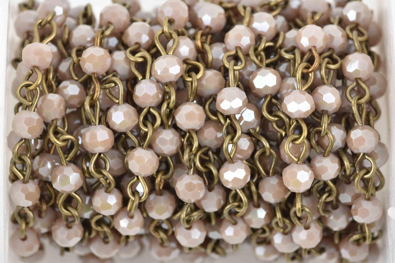 3 feet (1 yard) LIGHT MUSHROOM Crystal Rosary Chain, bronze links, 4mm round faceted crystal bead chain, fch0596a