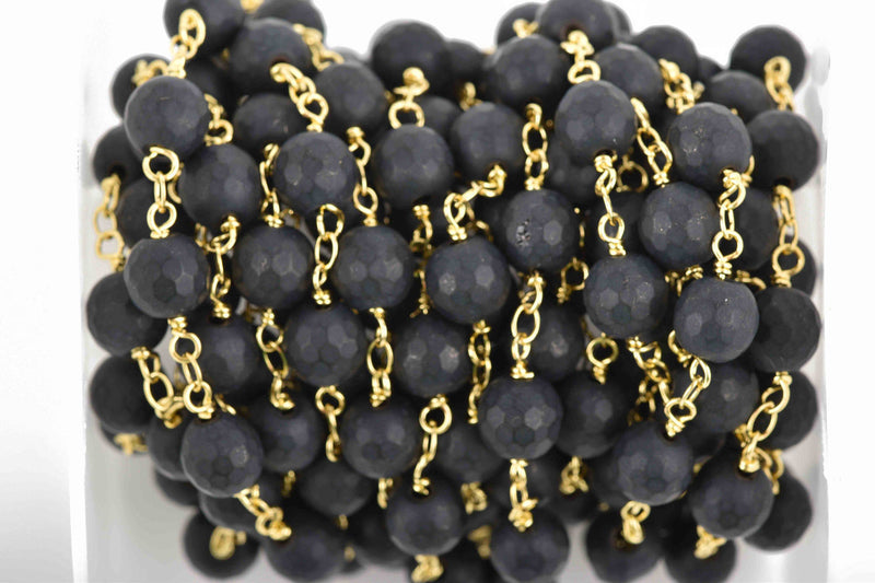13 feet (4.33 yards) BLACK ONYX MATTE Rosary Chain, bright gold links, 8mm round faceted gemstone beads, fch0608b