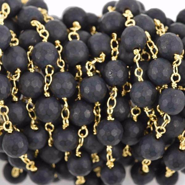 1 yard BLACK ONYX MATTE Rosary Chain, bright gold links, 8mm round faceted gemstone beads, fch0608a