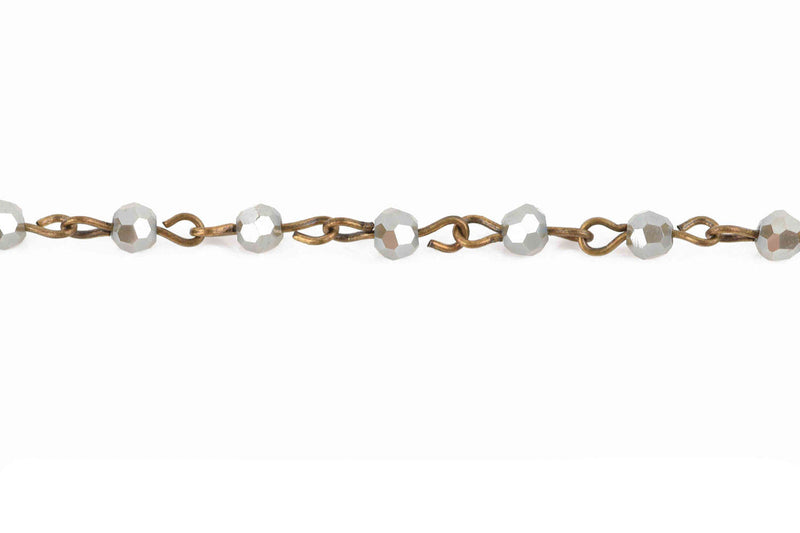3 feet (1 yard) DARK MUSHROOM Grey Crystal Rosary Chain, bronze links, 4mm round faceted crystal bead chain, fch0610a
