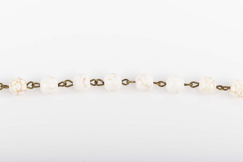 13 feet WHITE Howlite Rosary Chain, bronze links, 8mm round stone beads, fch0613b