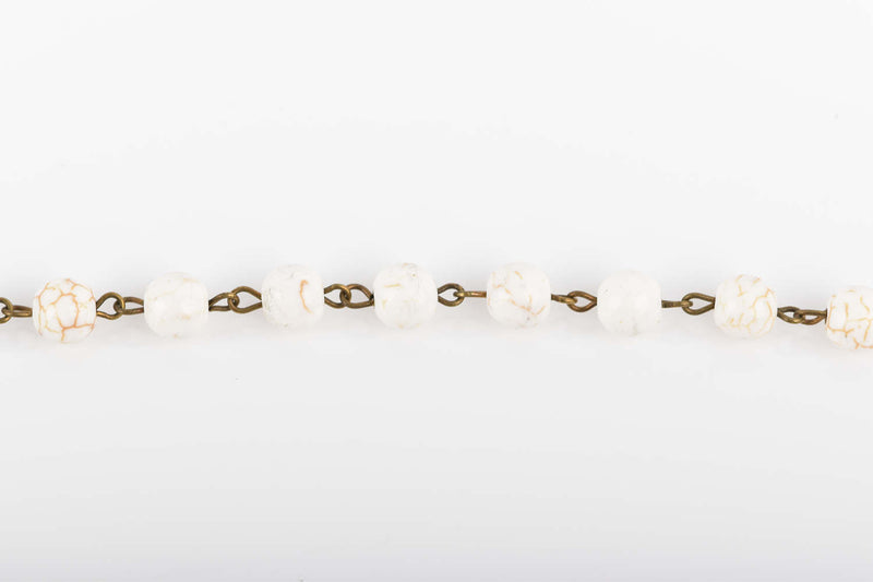 1 yard WHITE Howlite Rosary Chain, bronze links, 8mm round stone beads, fch0613a