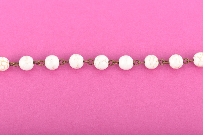 1 yard WHITE Howlite Rosary Chain, bronze links, 8mm round stone beads, fch0613a