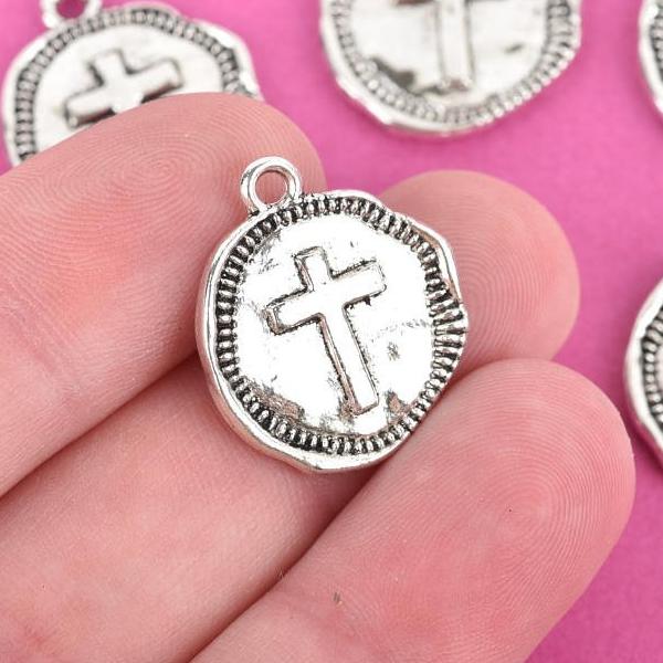 10 Silver Coin Relic Charm Pendants, Cross with wax seal, round coin charms, 22x19mm, chs2945