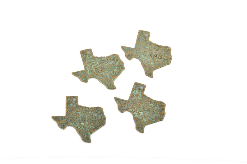 4 Stamped TEXAS STATE Cutout Charm Pendants, hammered antique bronze tone metal with green verdigris patina, chs2949