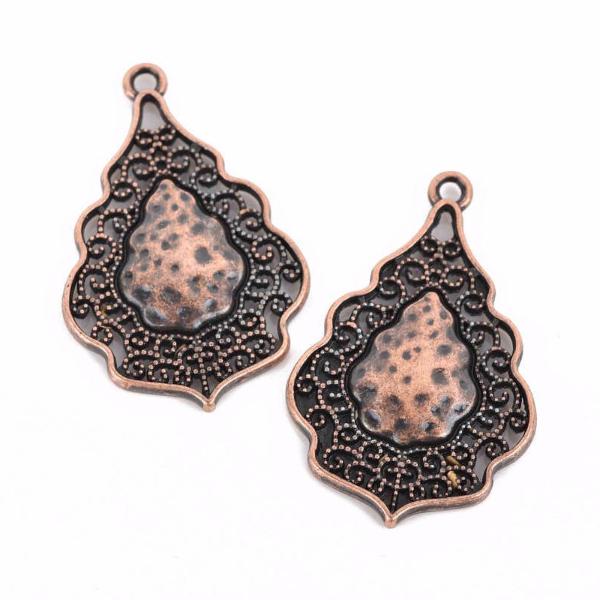 5 Copper Charms, fancy Victorian filigree design, teardrop charms, 37x25mm, chs2954