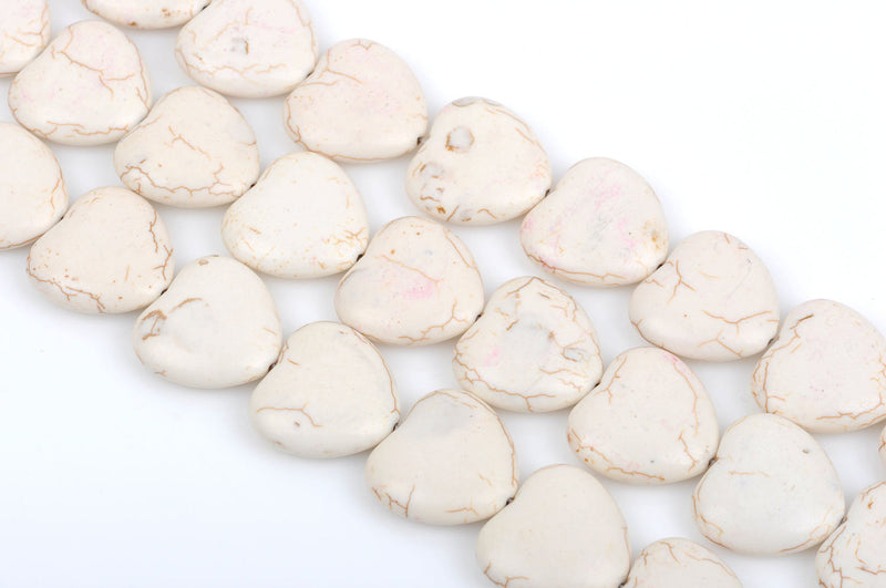 25mm Howlite Heart Beads, WHITE, Puffy Heart Beads, Puffed Heart Beads, full strand, 17 beads per strand, how0655