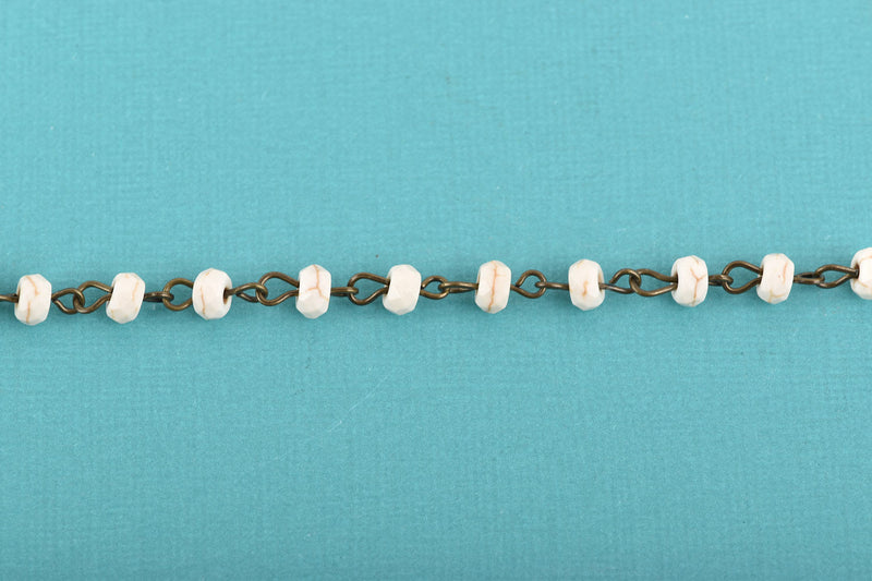 3 feet (1 yard) WHITE Howlite Rosary Chain, bronze wire links, 6mm RONDELLE stone bead chain, fch0620a