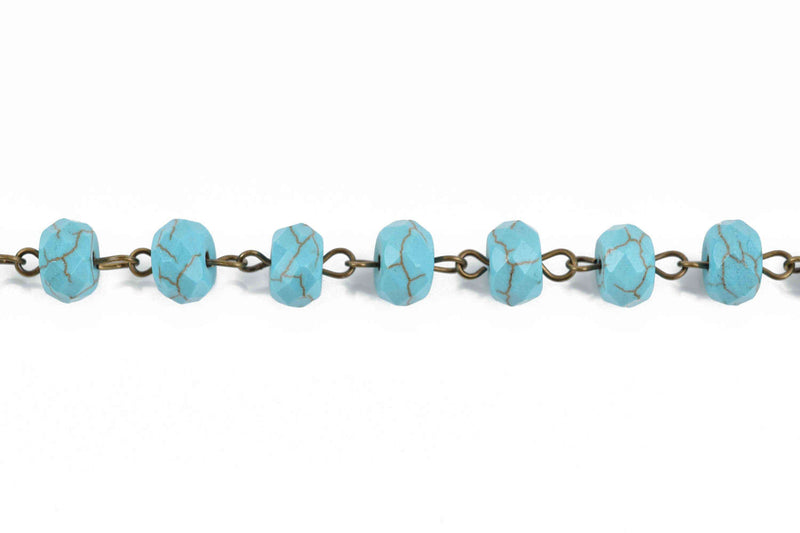 13 feet (4.33 yards) TURQUOISE BLUE Howlite Rosary Chain, bronze wire links, 10mm RONDELLE stone bead chain, fch0623b