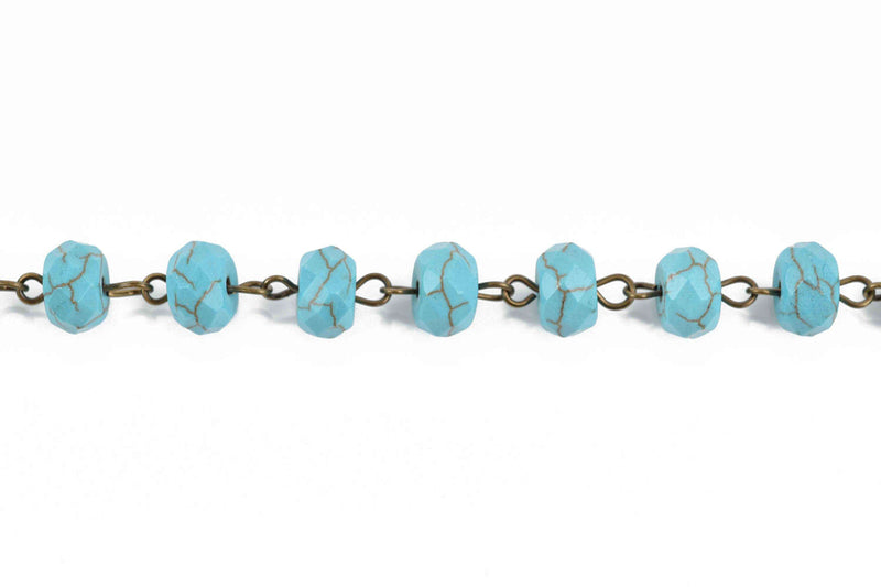 3 feet (1 yard) TURQUOISE BLUE Howlite Rosary Chain, bronze wire links, 10mm RONDELLE stone bead chain, fch0623a