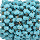 3 feet (1 yard) TURQUOISE BLUE Howlite Rosary Chain, bronze wire links, 10mm RONDELLE stone bead chain, fch0623a