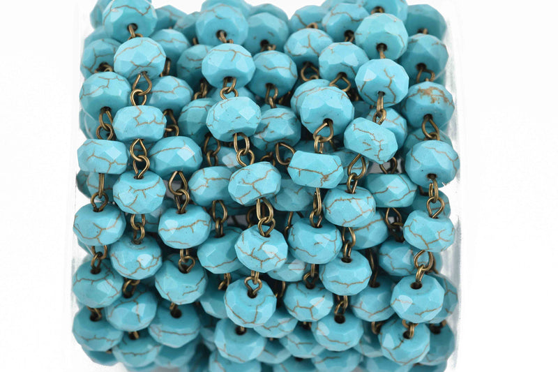 13 feet (4.33 yards) TURQUOISE BLUE Howlite Rosary Chain, bronze wire links, 10mm RONDELLE stone bead chain, fch0623b