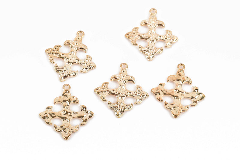 5 Light Gold Cross Fleury Relic Charms, Fleur de Lis Cross, Hammered Plated Metal, double sided design, 30x28mm, chs2961