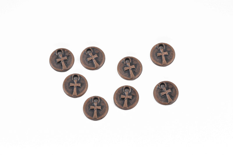 10 Copper CROSS Dot Charms, relic charms, round coin charms, 10mm, chs2969