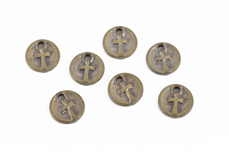 10 Bronze CROSS Dot Charms, relic charms, round coin charms, 10mm, chs2970